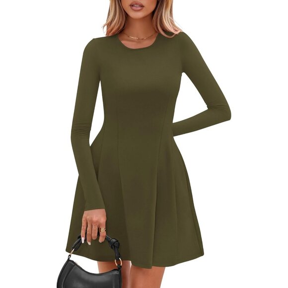 Long Sleeve Army Green Mini Dress Women Fall 2025 Crewneck Line Babydoll Casual - Picture 6 of 8